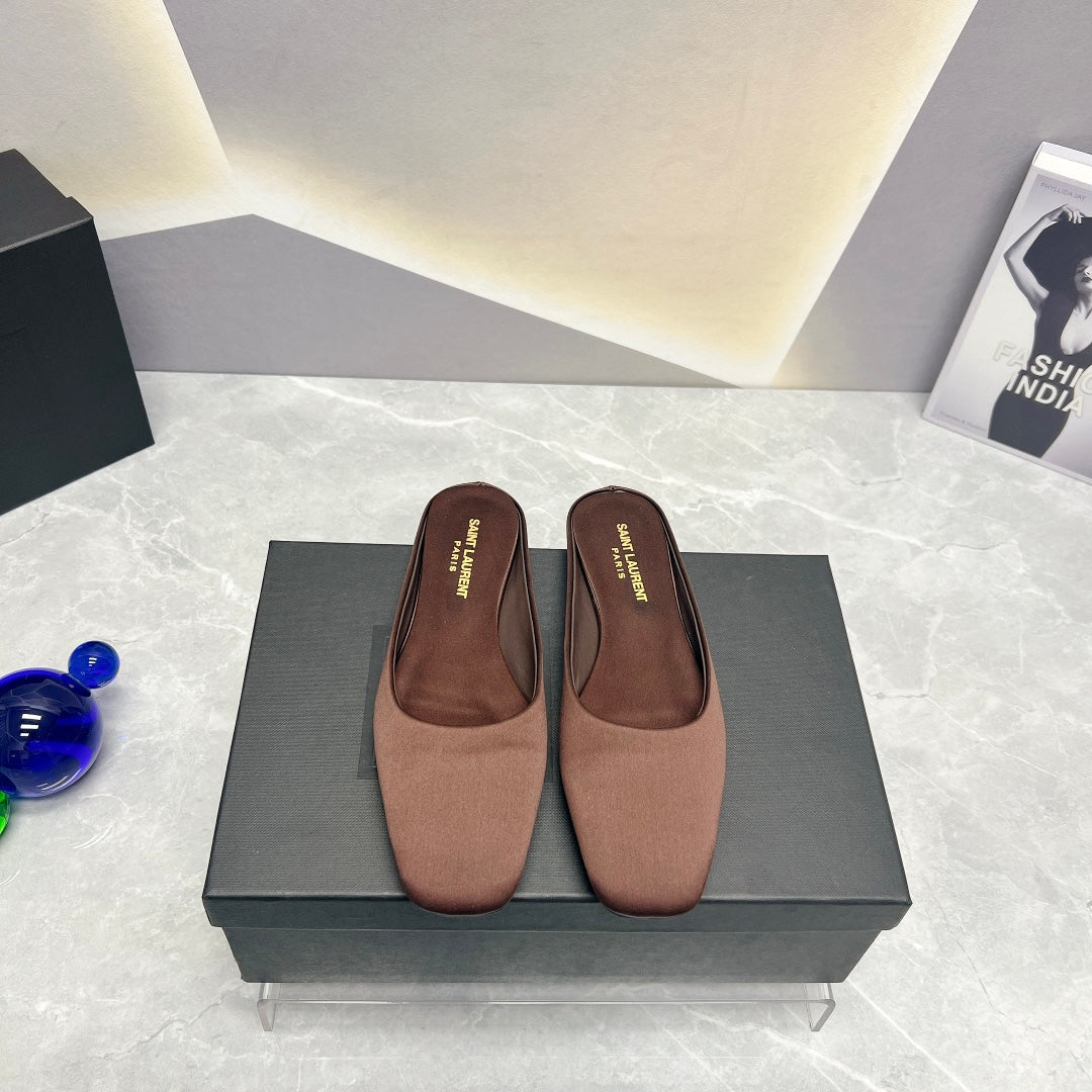SL SQUARE TOE FLAT MULES BROWN SATIN