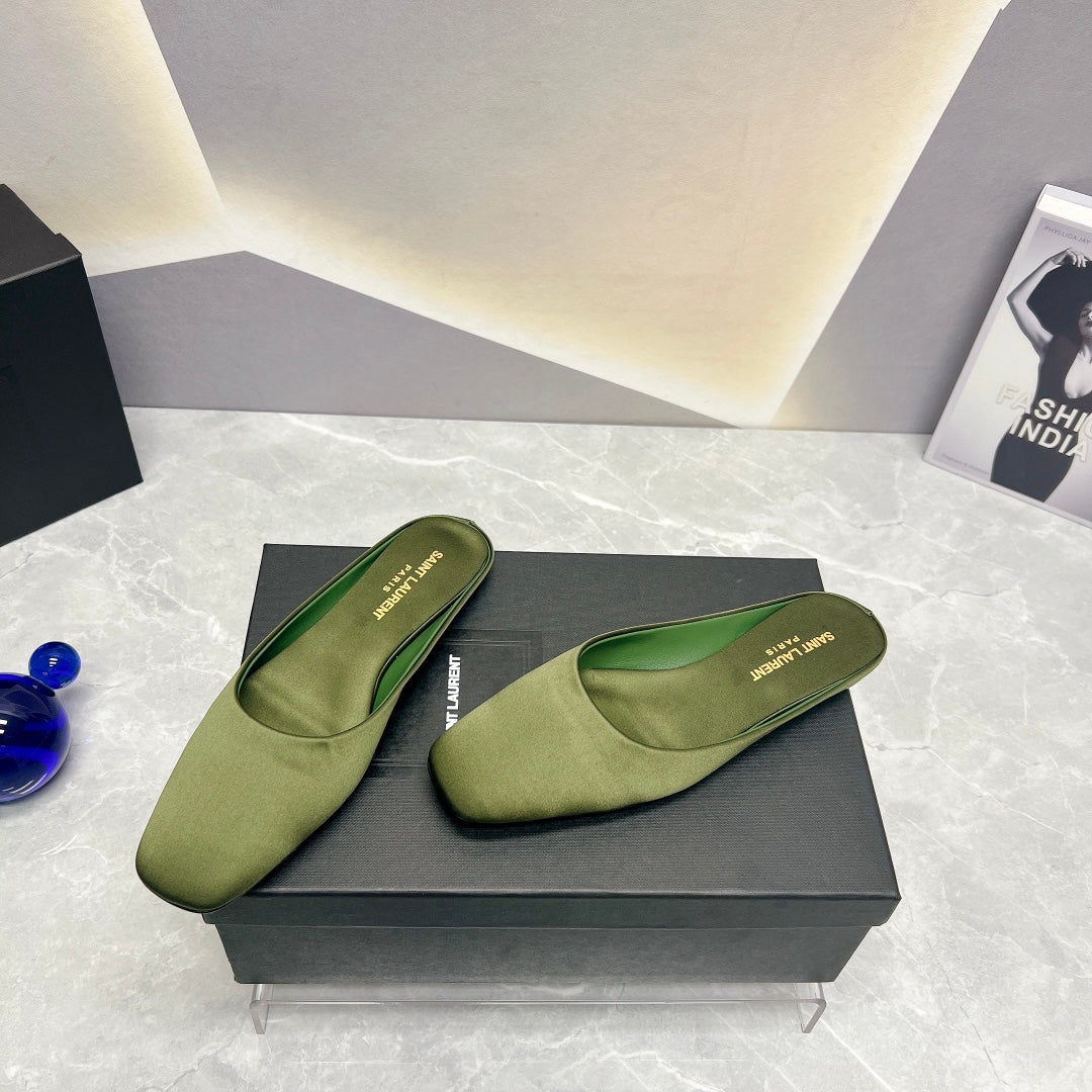 SL SQUARE TOE FLAT MULES MOSS SATIN