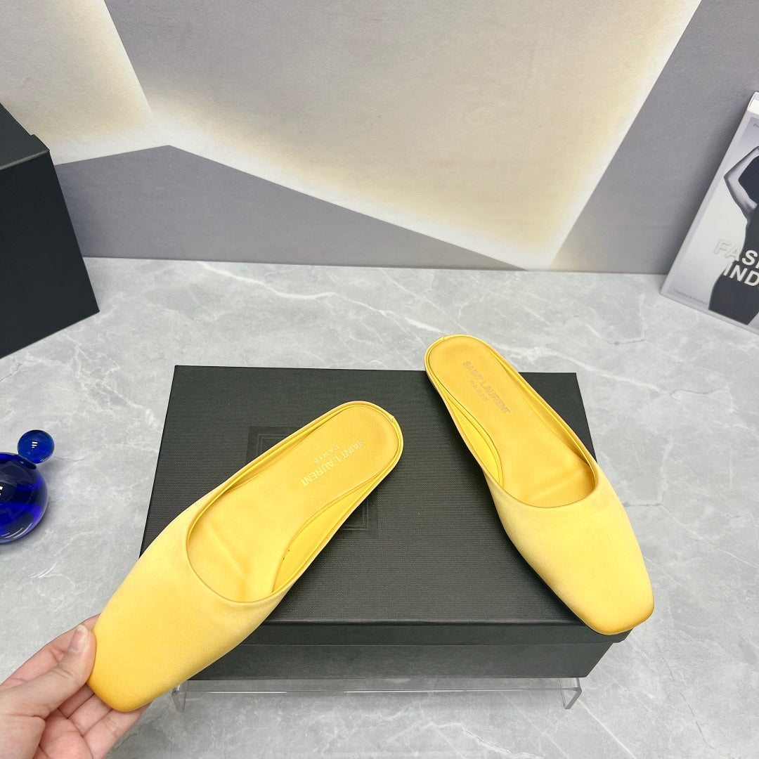 SL SQUARE TOE FLAT MULES LEMON SATIN