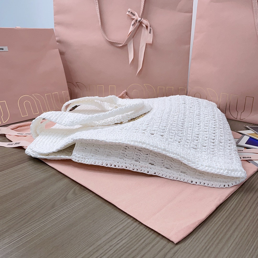 miu tote bag 38cm white woven fabric