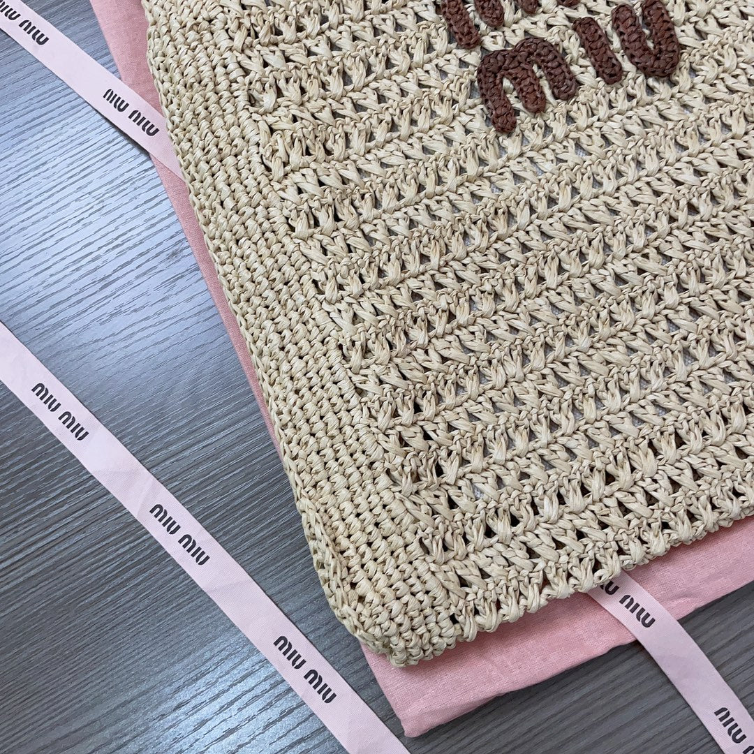 miu tote bag 38cm beige woven fabric