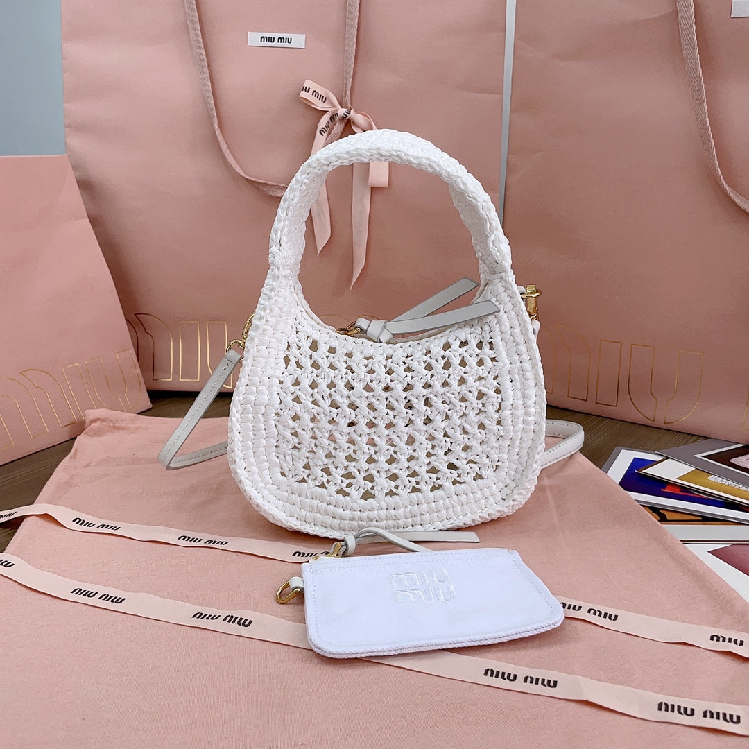 miu wander hobo bag 20cm white woven fabric