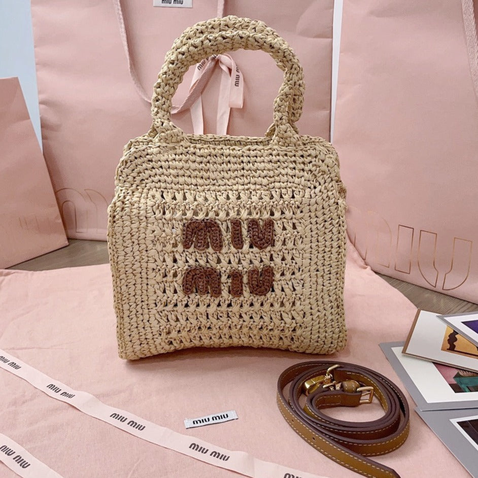 miu tote bag 22cm beige woven fabric