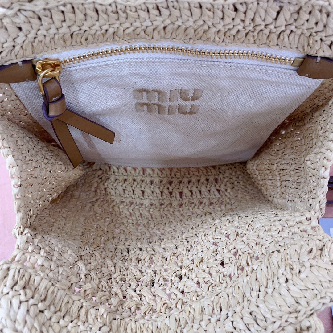 miu tote bag 22cm beige woven fabric