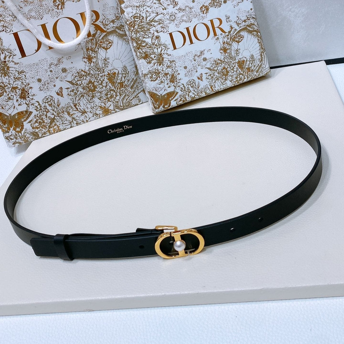 CD Montaigne Belt 20mm Black Calfskin Pearl Gold Buckle