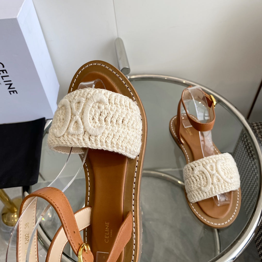 CELINE Flat Sandal Beige Wool 285973