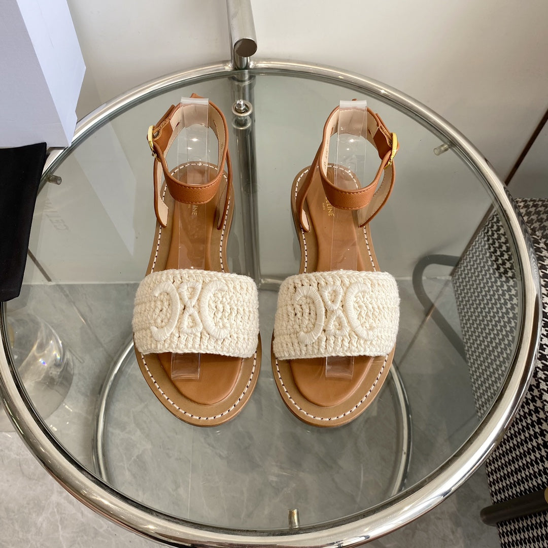 CELINE Flat Sandal Beige Wool 285973