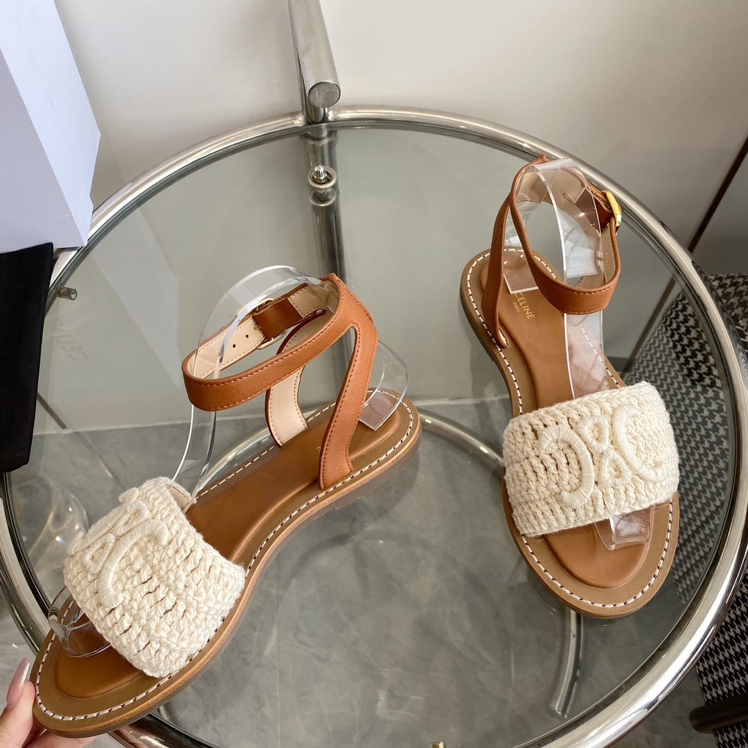 CELINE Flat Sandal Beige Wool 285973