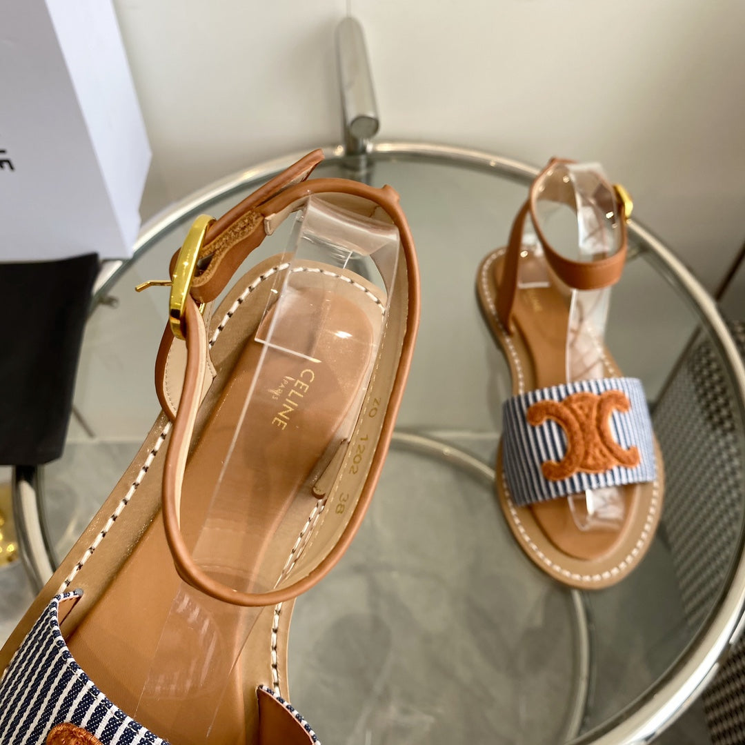CELINE Flat Sandal Blue Orange Leather 285975