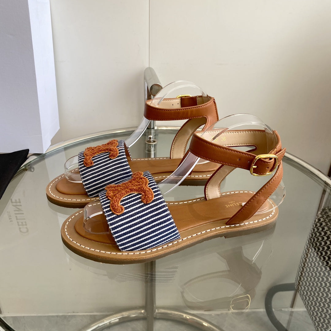 CELINE Flat Sandal Blue Orange Leather 285975