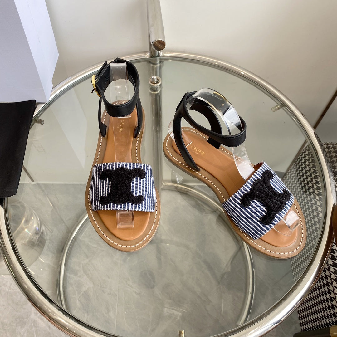 CELINE Flat Sandal Blue Black Leather 285976
