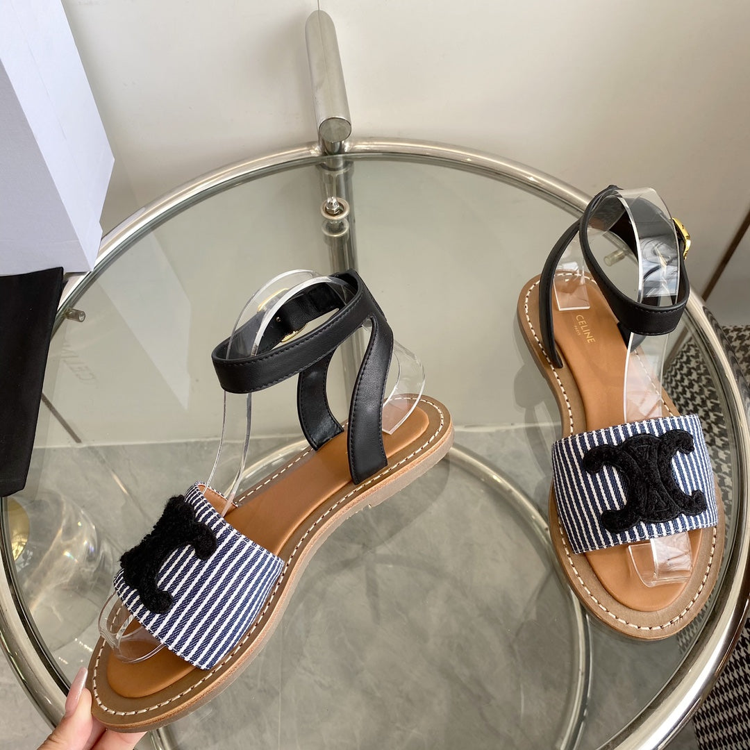 CELINE Flat Sandal Blue Black Leather 285976
