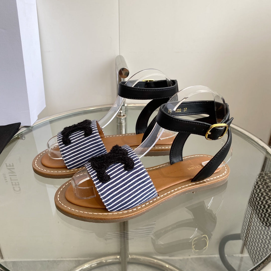 CELINE Flat Sandal Blue Black Leather 285976