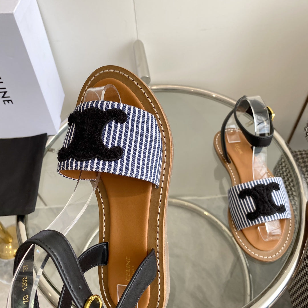 CELINE Flat Sandal Blue Black Leather 285976