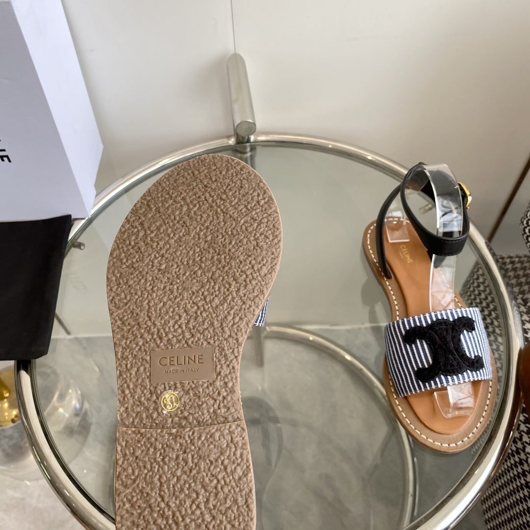 CELINE Flat Sandal Blue Black Leather 285976
