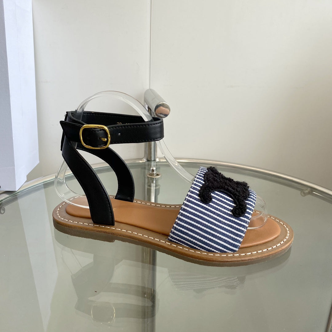 CELINE Flat Sandal Blue Black Leather 285976