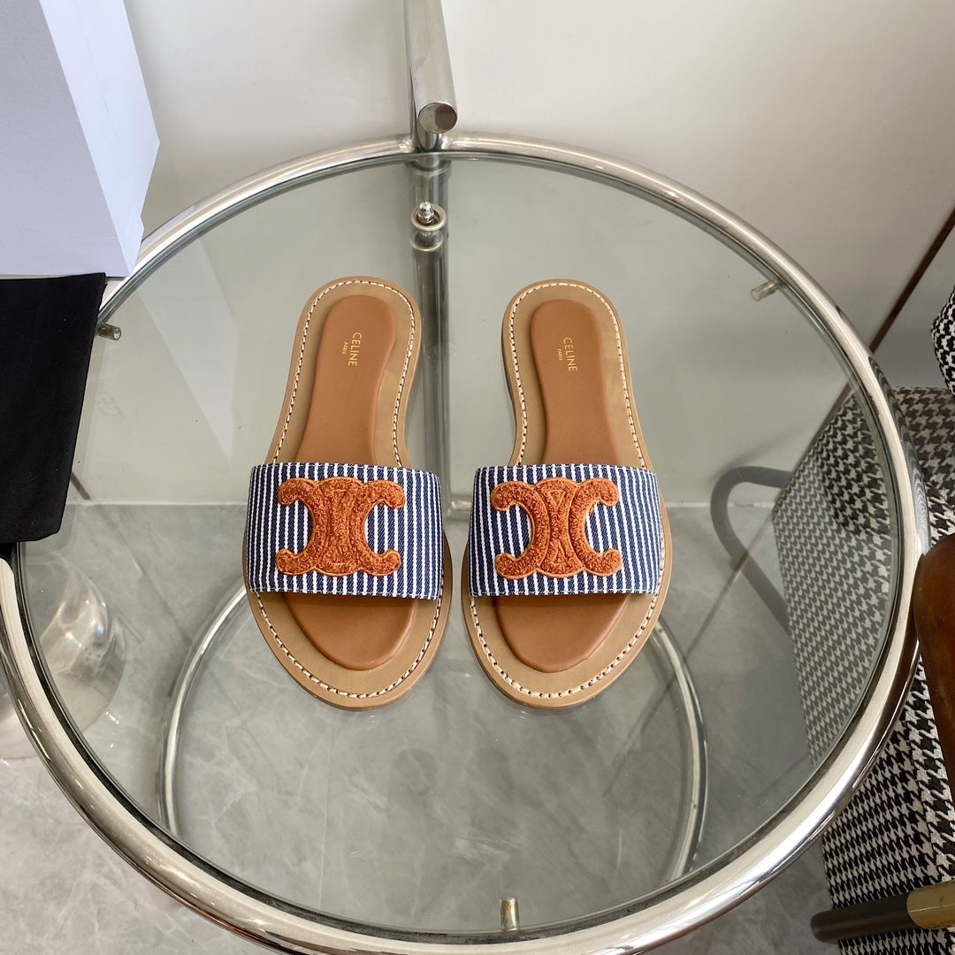 CELINE 25 Slippers Blue Stripe Orange Denim 285981