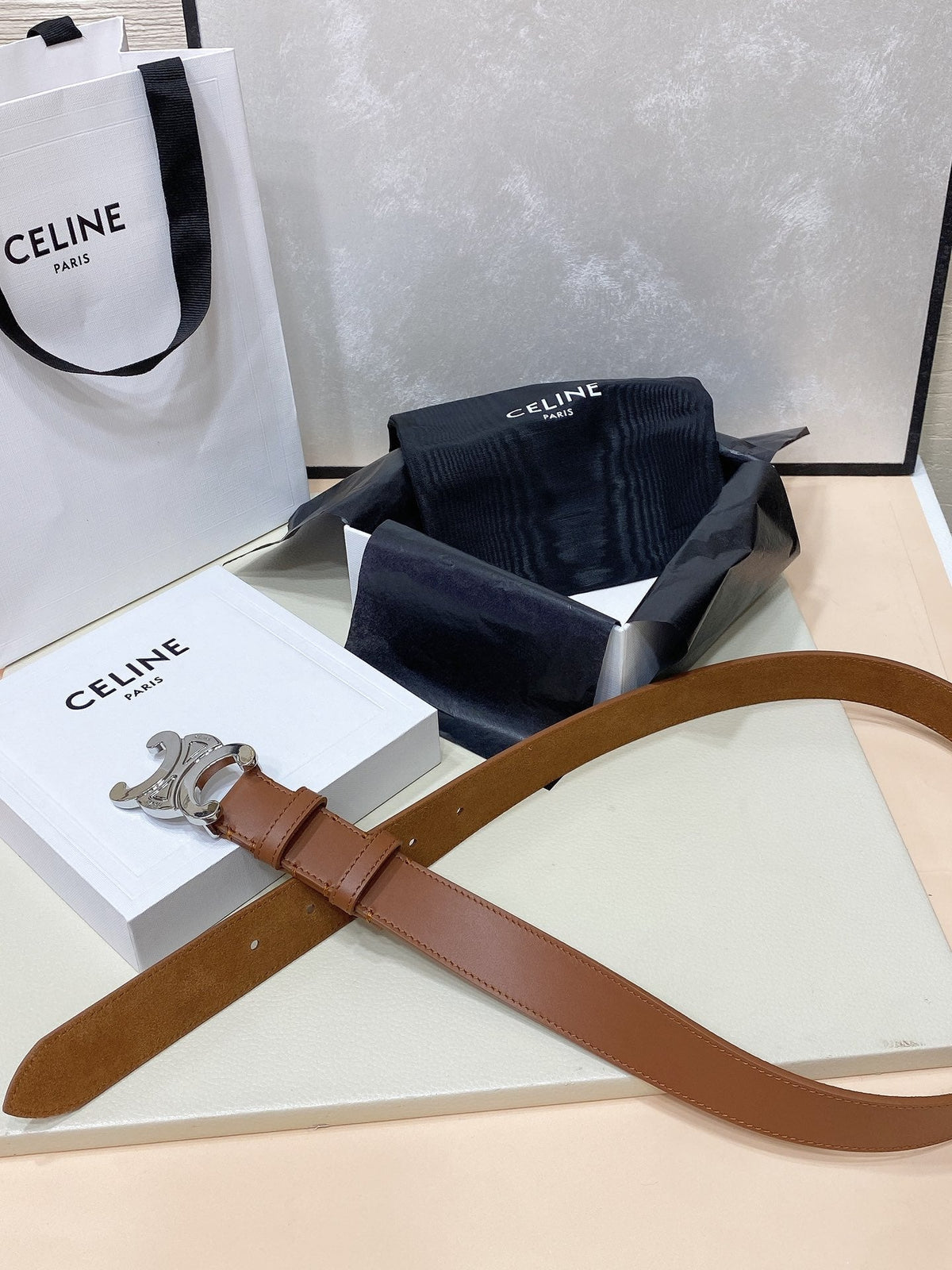 CEL Silver Buckle Belt 30mm Brown Calfskin 176407