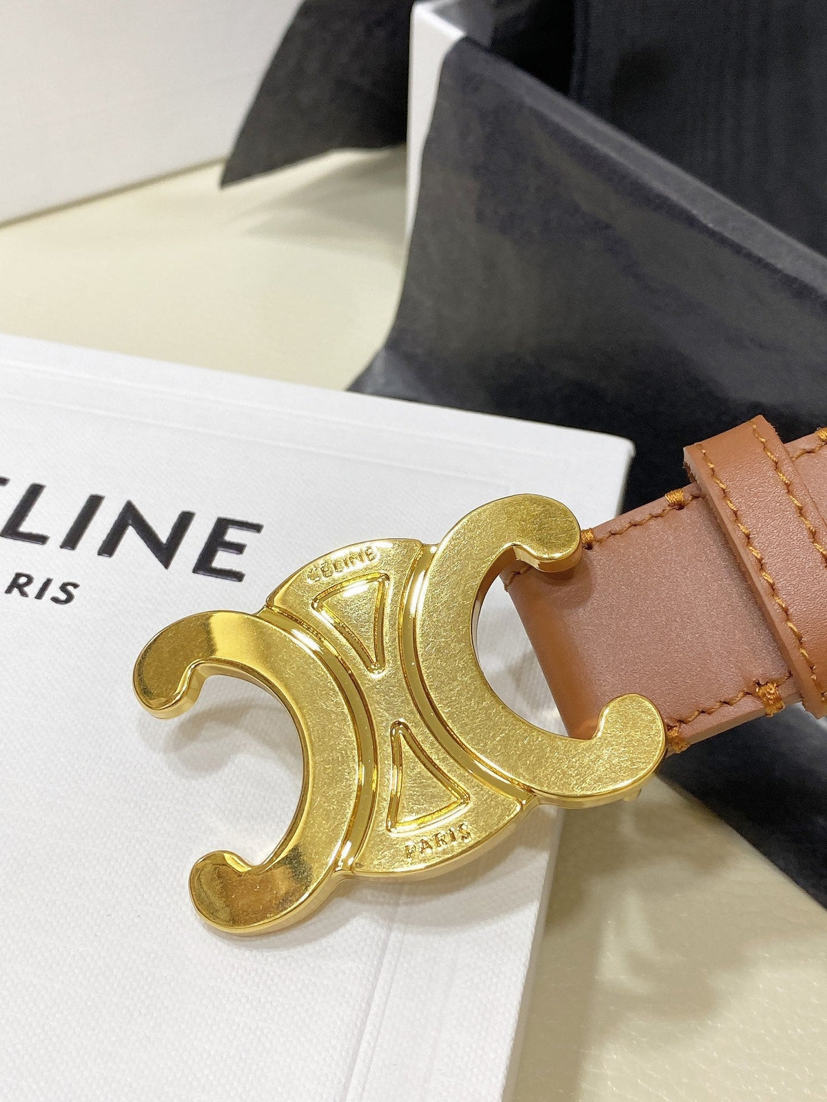 CEL Gold Buckle Belt 30mm Brown Calfskin 176406
