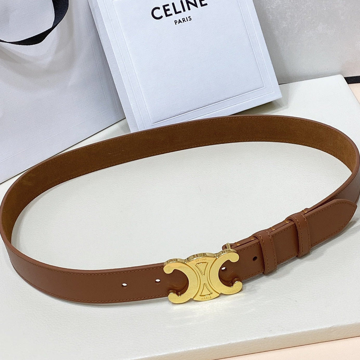 CEL Gold Buckle Belt 30mm Brown Calfskin 176406