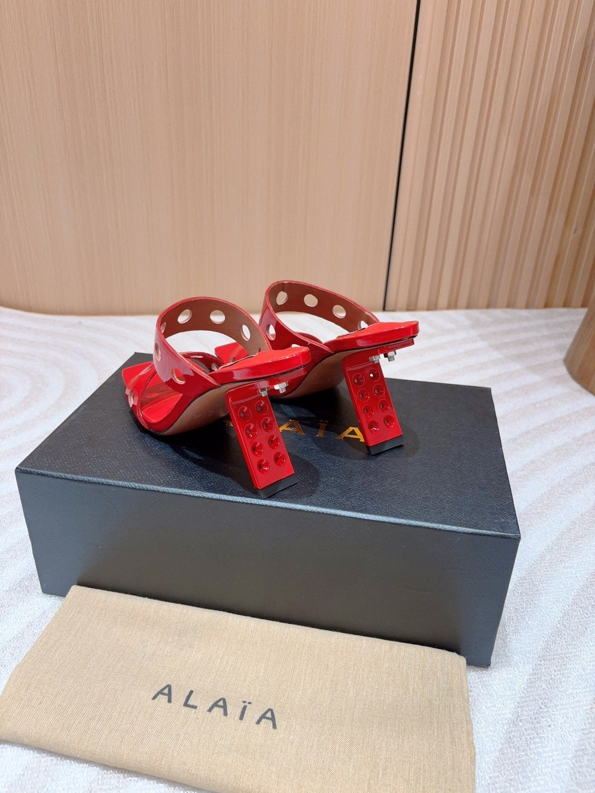 ALAIA TWO-STRAPS HIGH HEEL SANDALS IN CHERRY RED PATENT LAMBSKIN