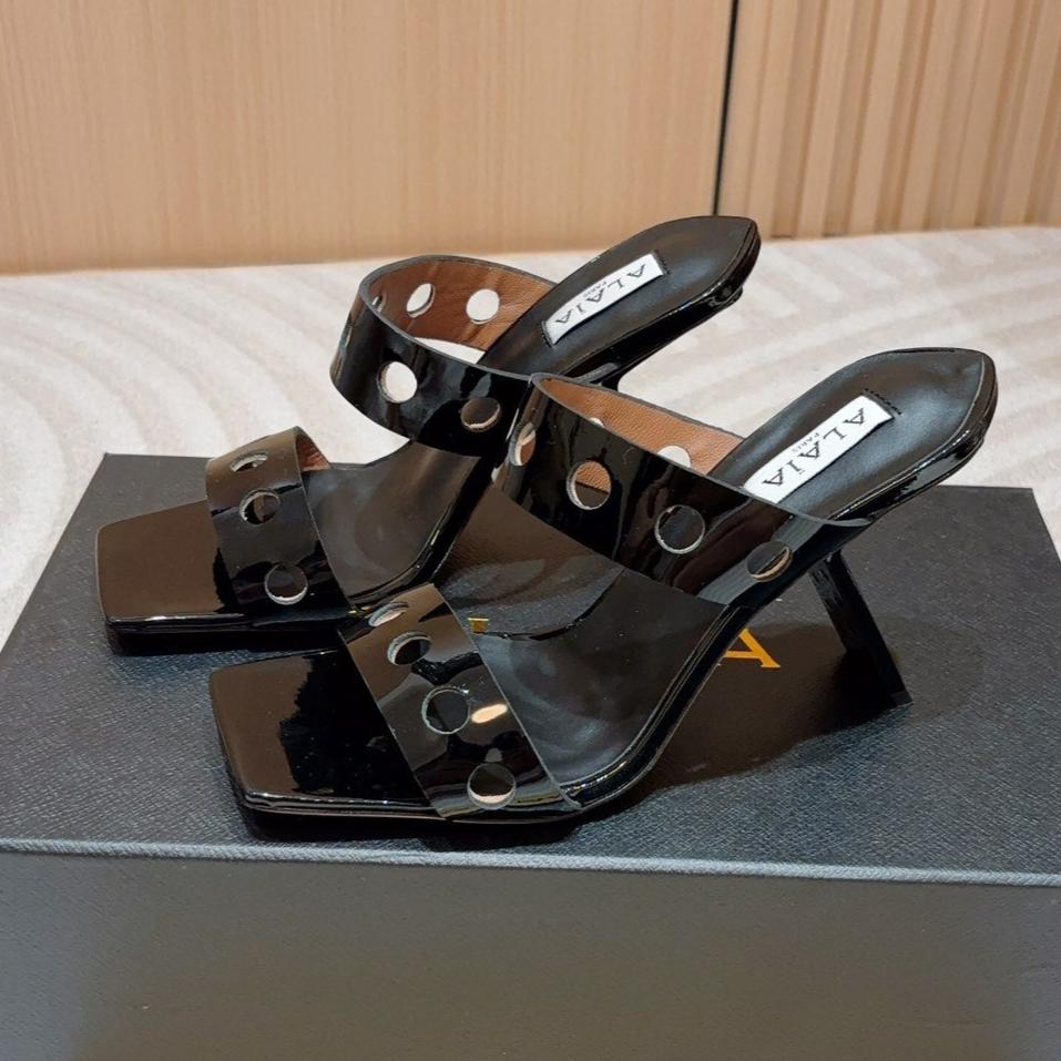 ALAIA TWO-STRAPS HIGH HEEL SANDALS IN BLACK PATENT LAMBSKIN
