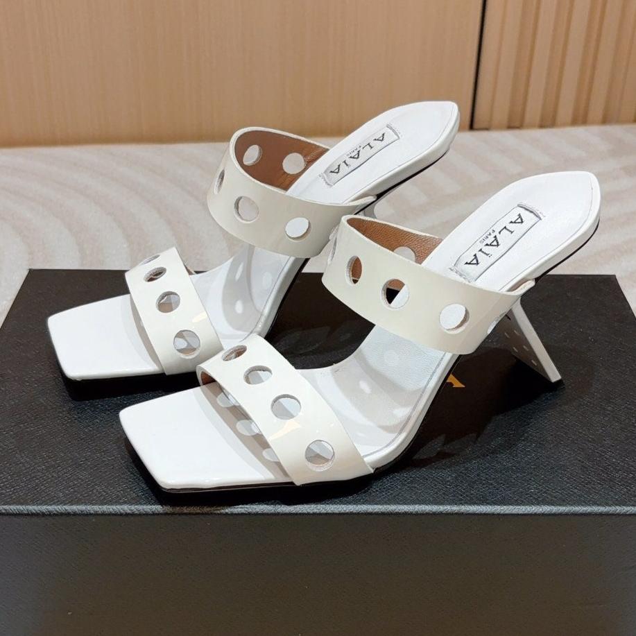 ALAIA TWO-STRAPS HIGH HEEL SANDALS IN WHITE PATENT LAMBSKIN
