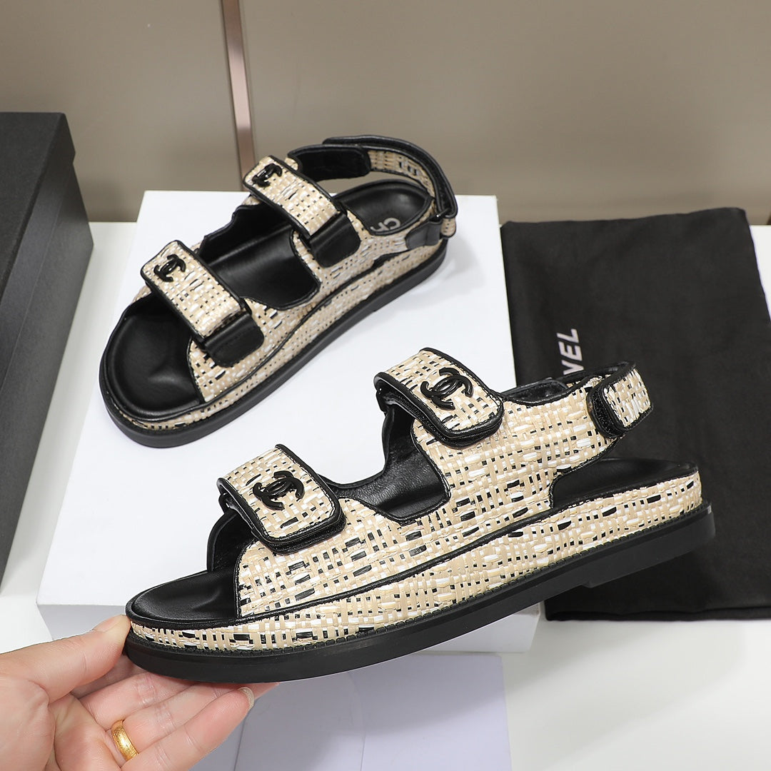 CC Dad Sandal Beige Black Woven Black Calfskin
