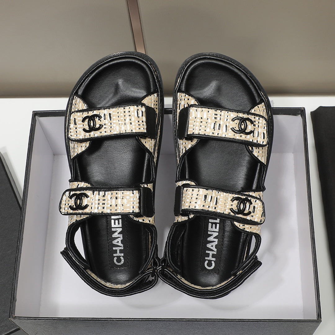 CC Dad Sandal Beige Black Woven Black Calfskin