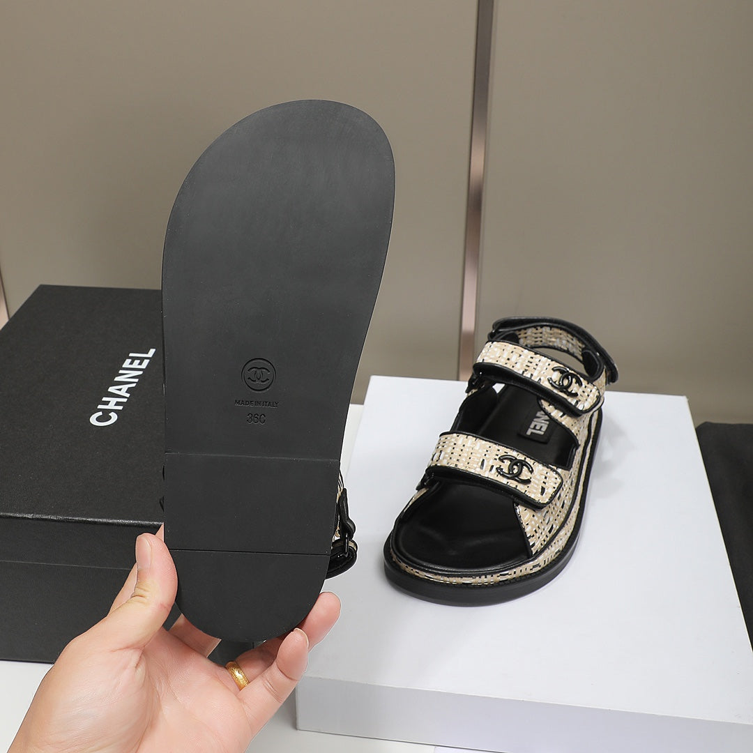 CC Dad Sandal Beige Black Woven Black Calfskin