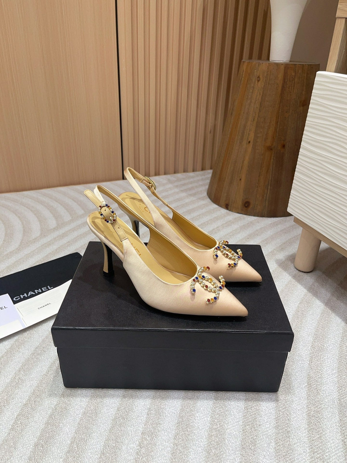 CC HIGH SLINGBACKS BEIGE CREAM SATIN AND LAMBSKIN