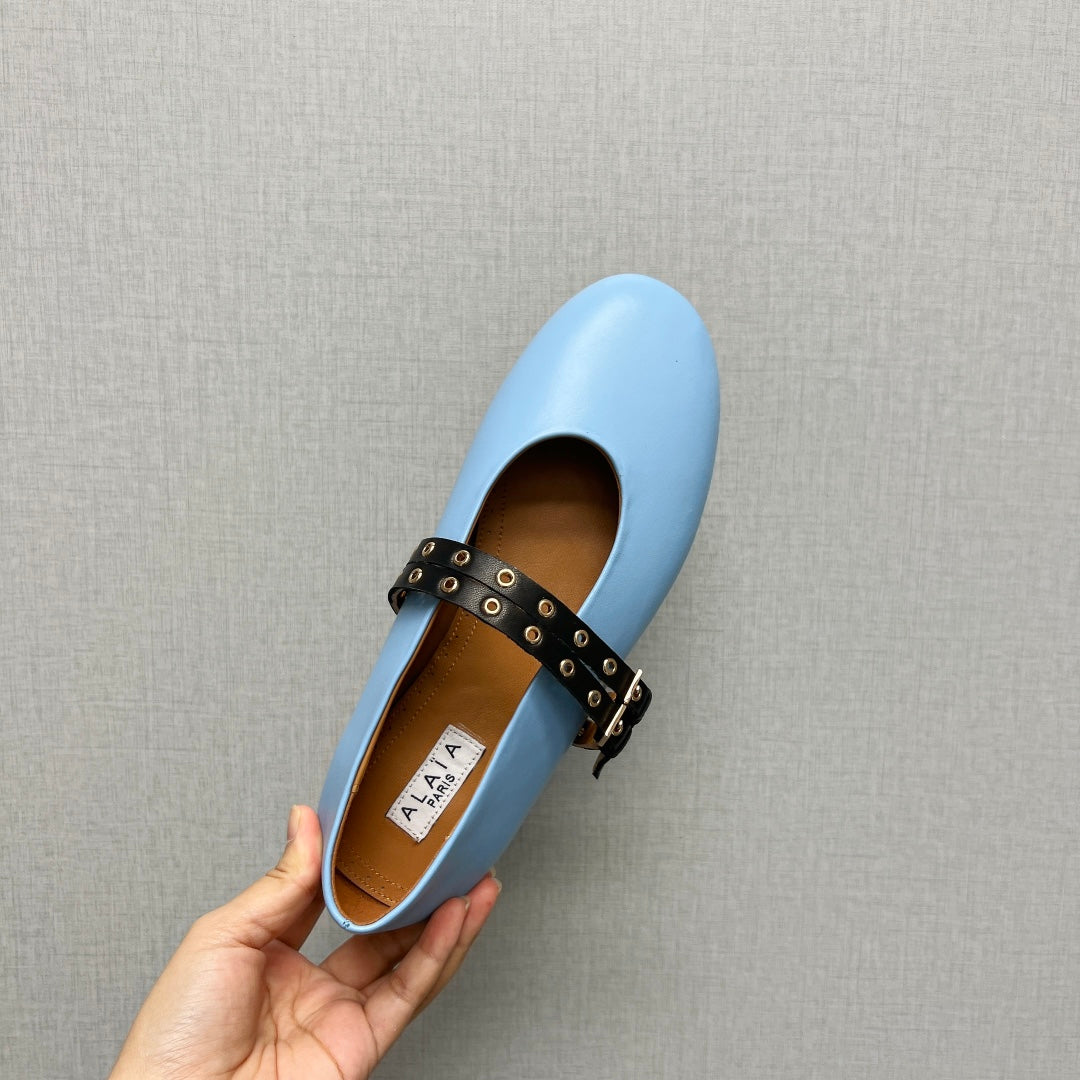 ALAIA MARY JANE SHOES IN LIGHT BLUE LAMBSKIN SILVER HARDWARE