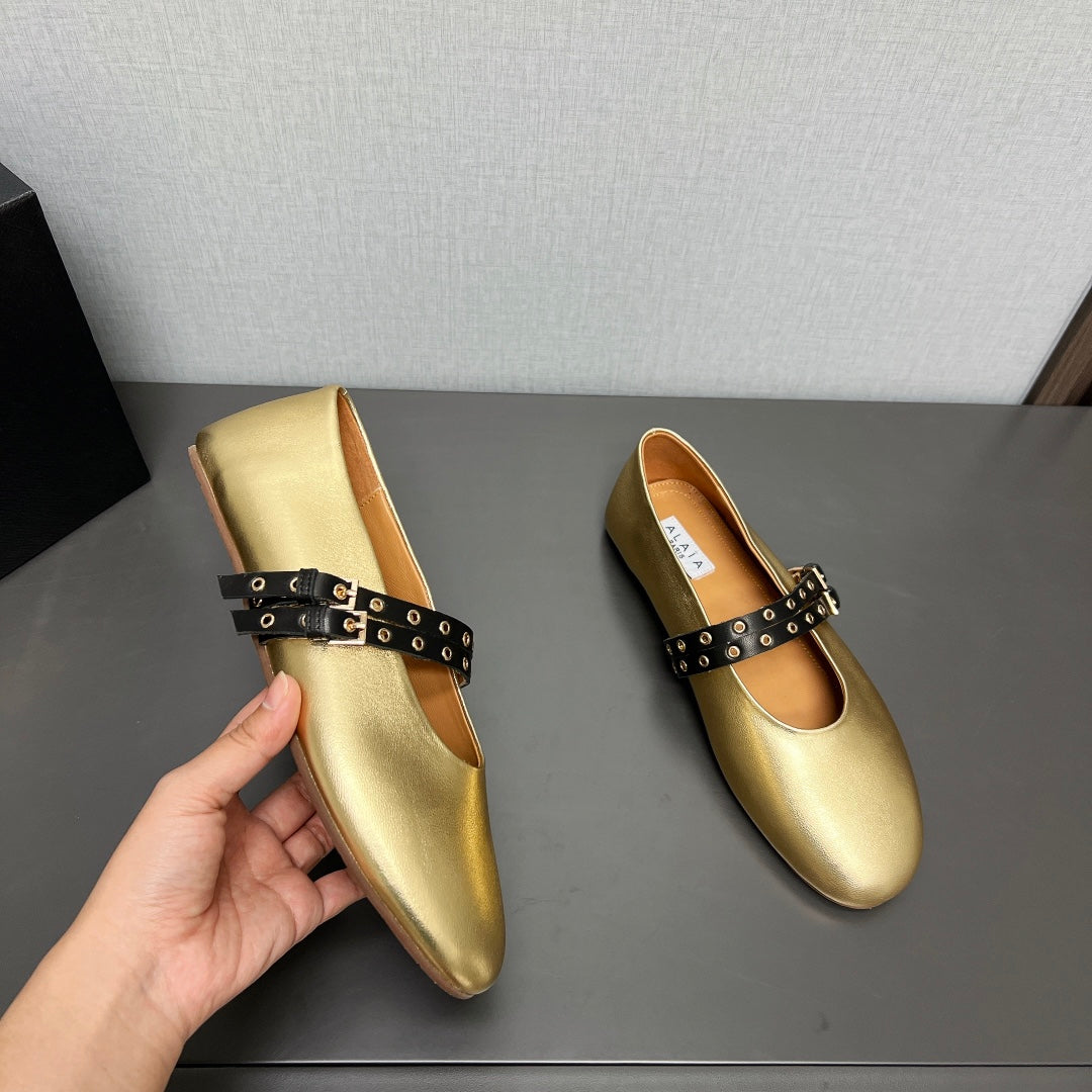 ALAIA MARY JANE SHOES IN GOLDEN LAMBSKIN SILVER HARDWARE