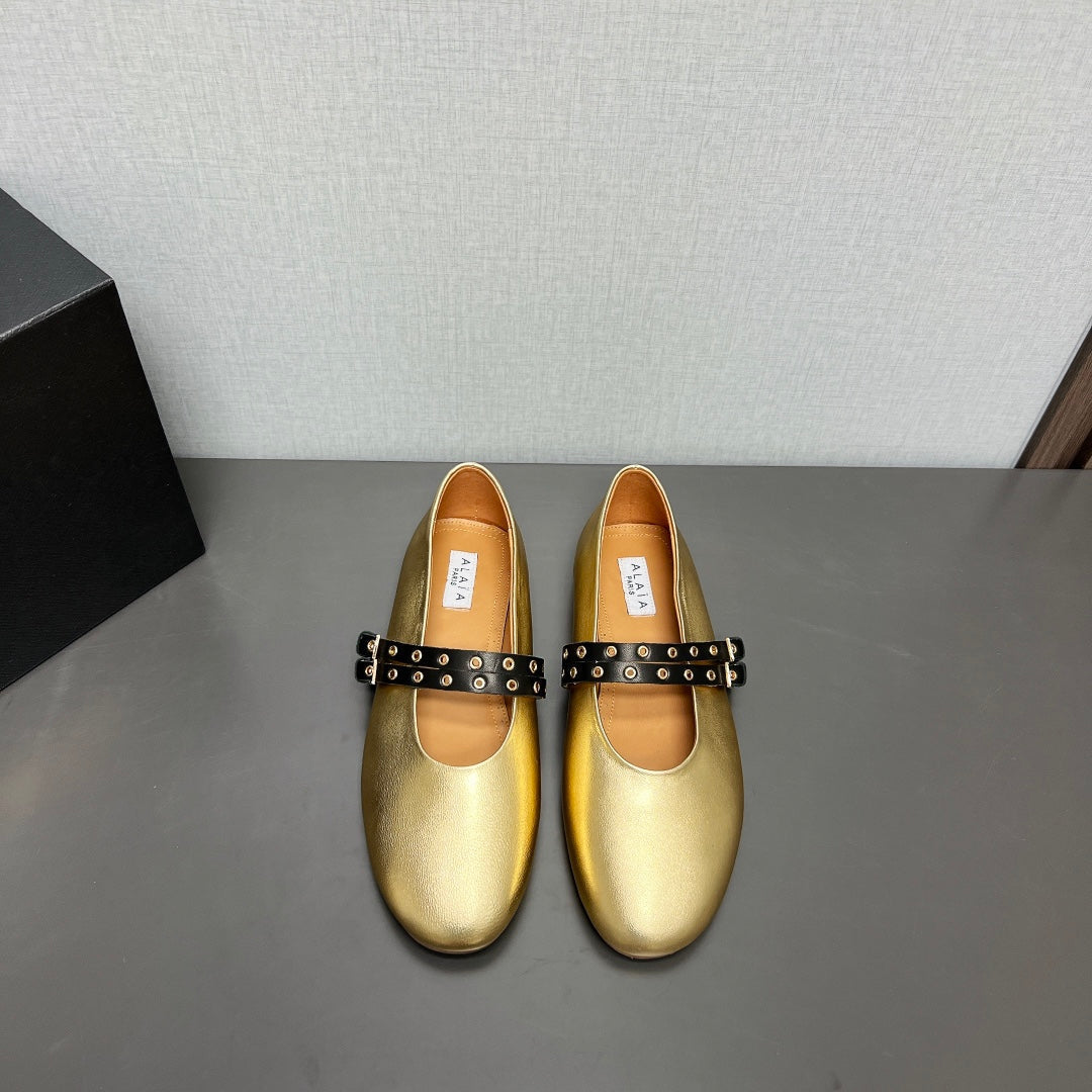 ALAIA MARY JANE SHOES IN GOLDEN LAMBSKIN SILVER HARDWARE