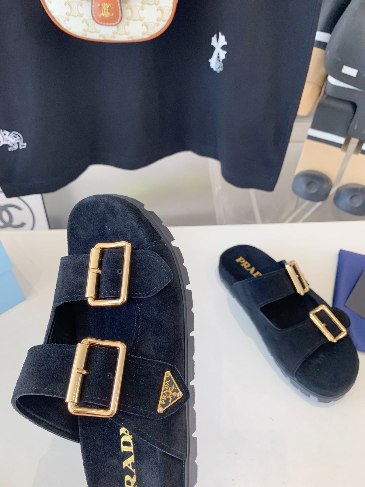 PRA STRAP SLIDES SANDALS BLACK SUEDE