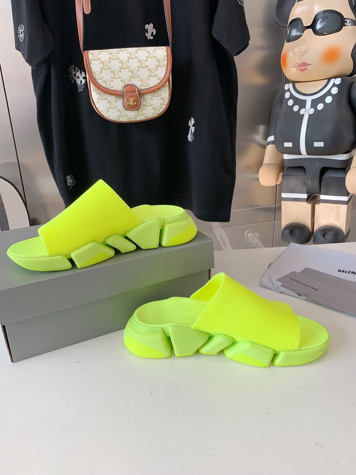 SPEED 2.0 SLIDE SANDAL IN NEON GREEN RECYCLED KNIT