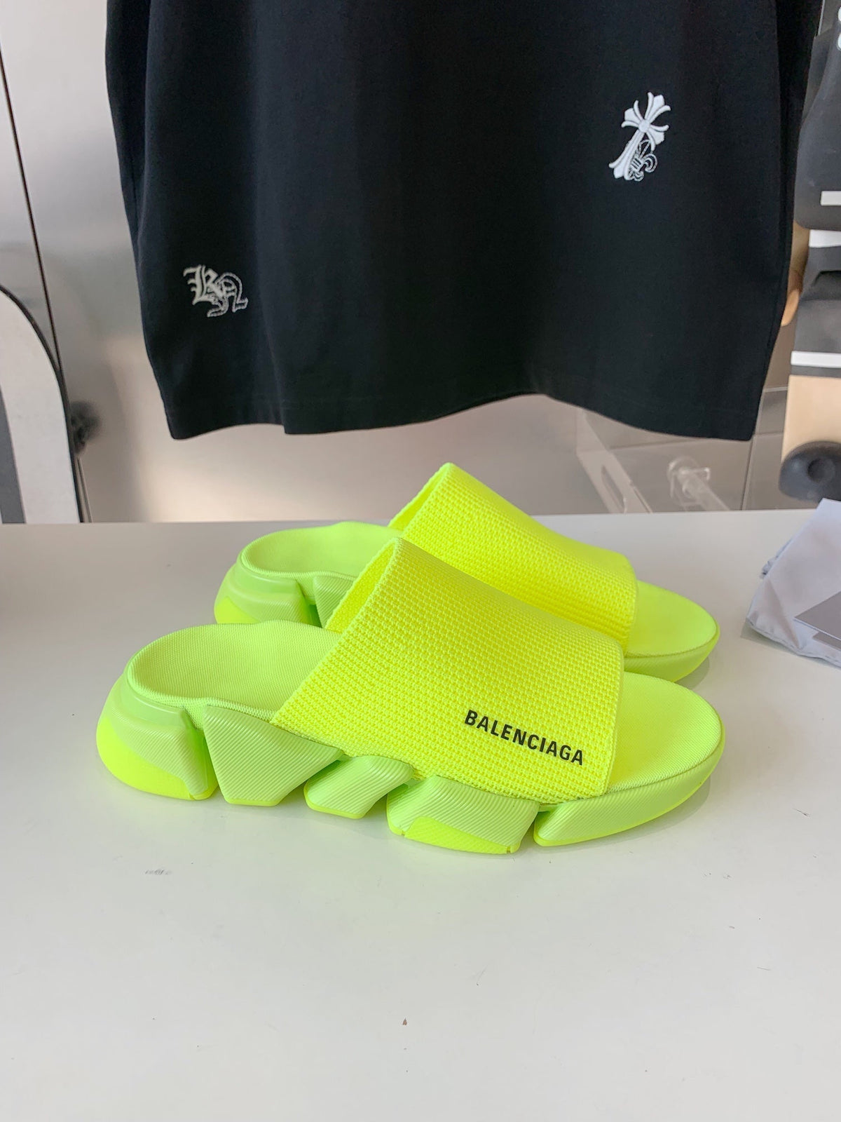 SPEED 2.0 SLIDE SANDAL IN NEON GREEN RECYCLED KNIT