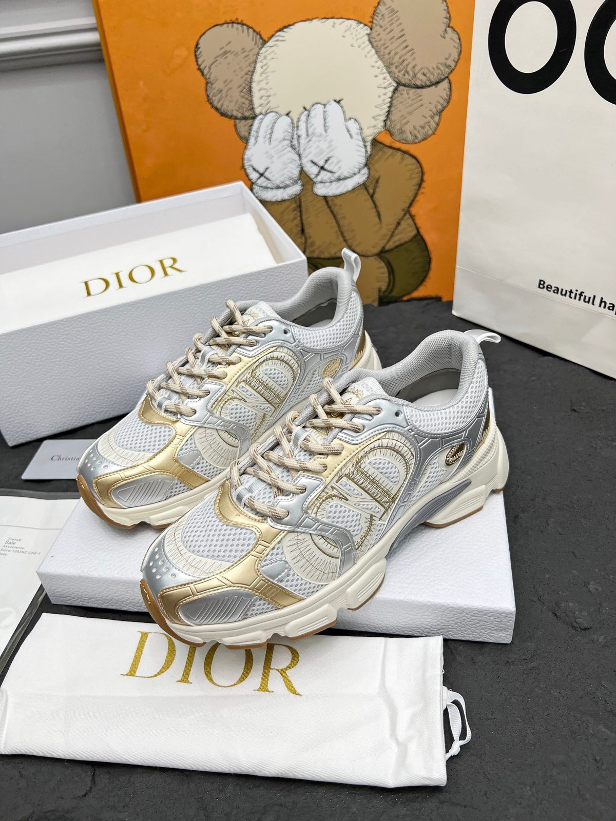 CD Chrono Sneaker Grey Gold Mesh Fabric And Calfskin