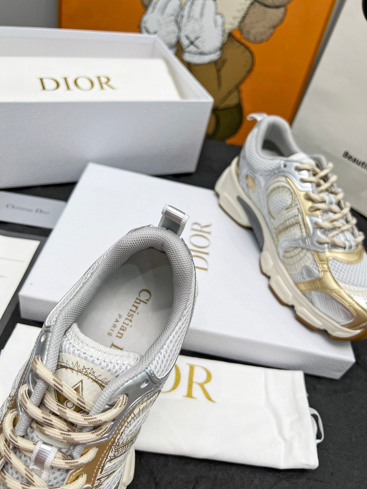 CD Chrono Sneaker Grey Gold Mesh Fabric And Calfskin