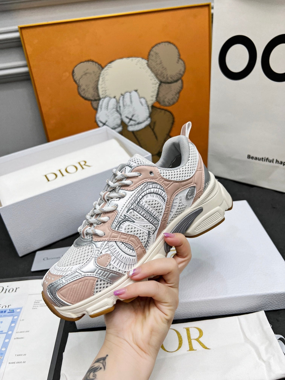 CD Chrono Sneaker Grey Beige Mesh Fabric And Calfskin