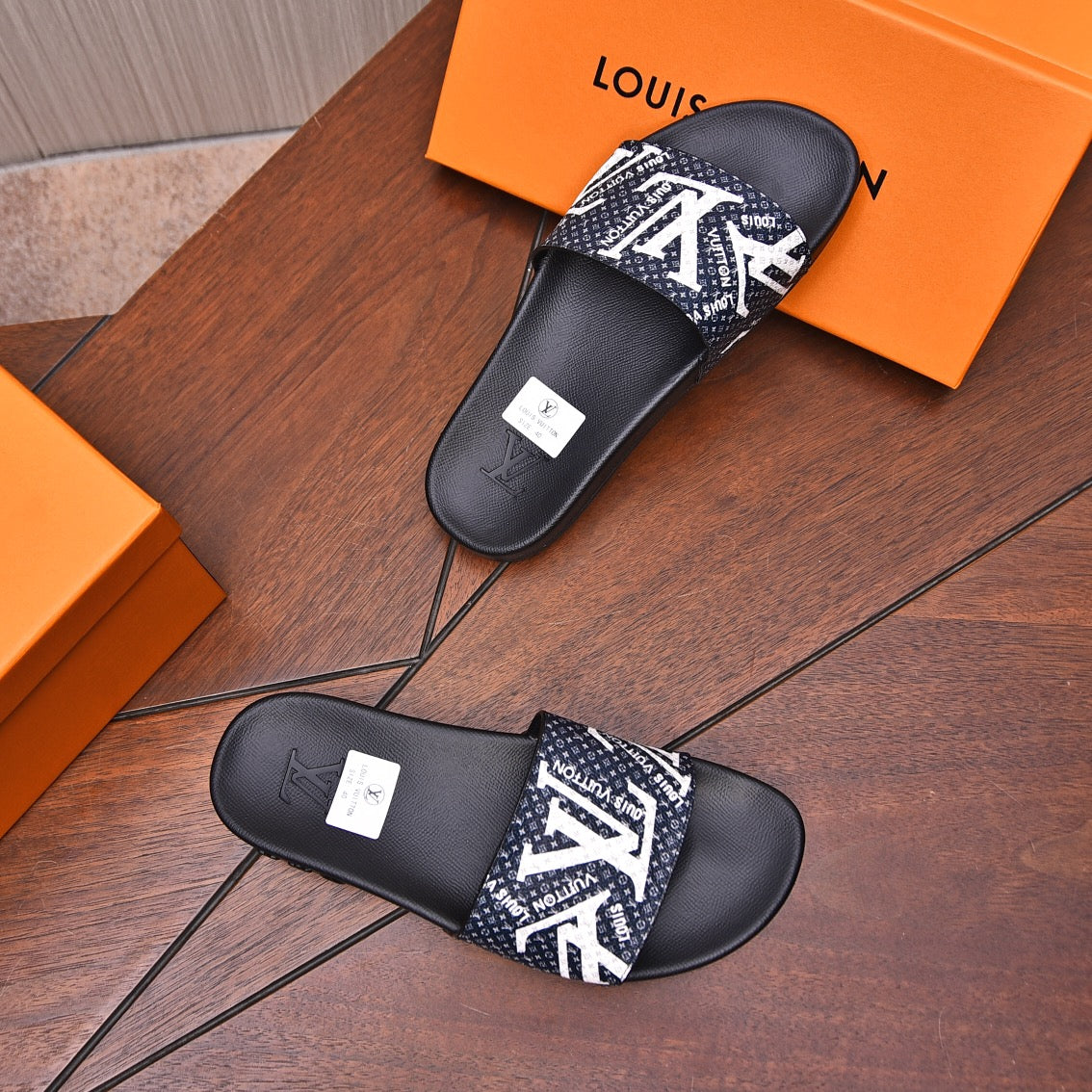 LV MULE BLACK WITH WHITE LOGO MONOGRAM CALFSKIN