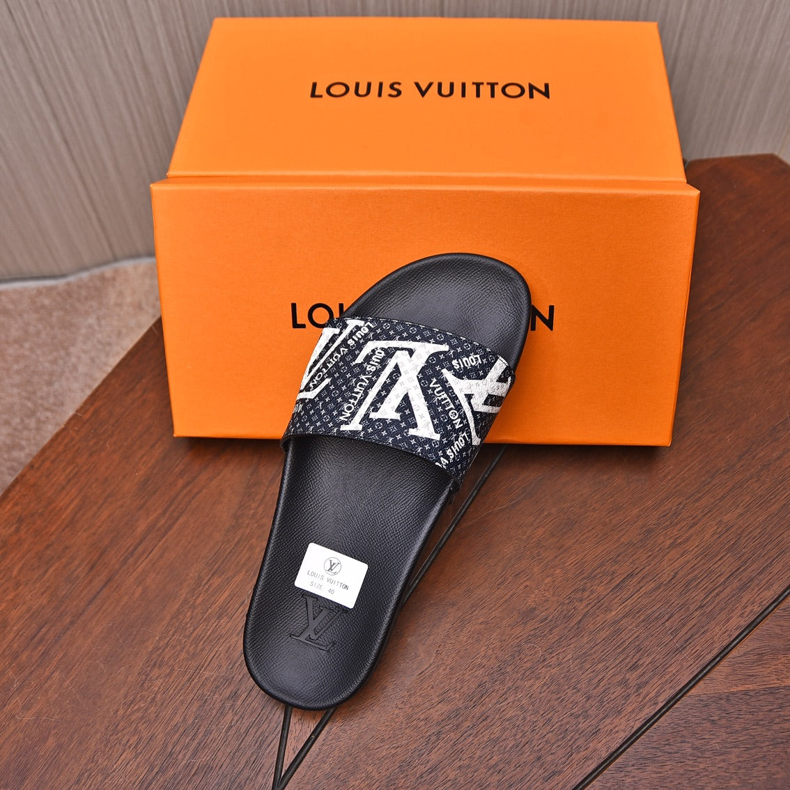 LV MULE BLACK WITH WHITE LOGO MONOGRAM CALFSKIN