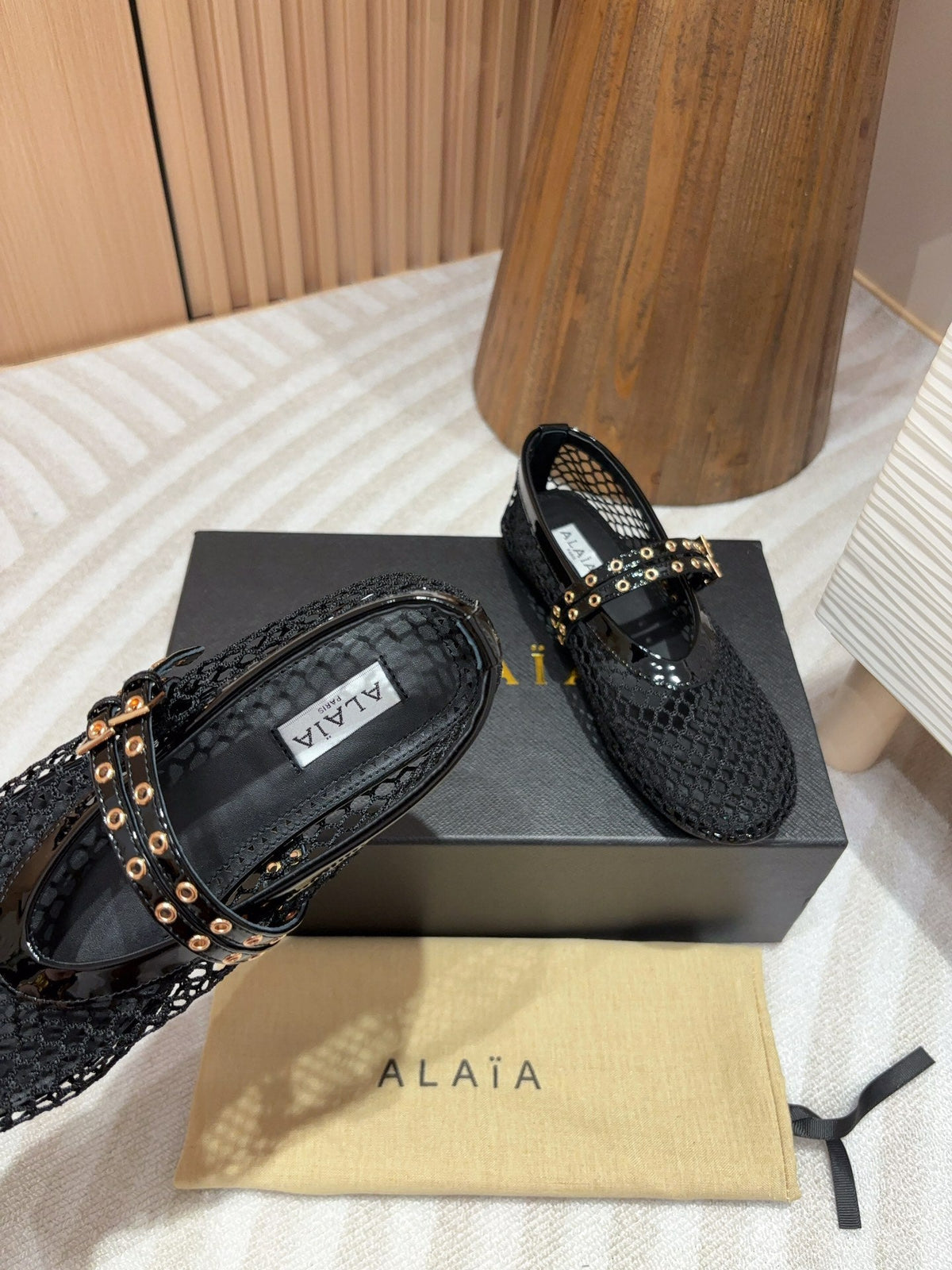 alaia ballet flat fishnet black lambskin double strap