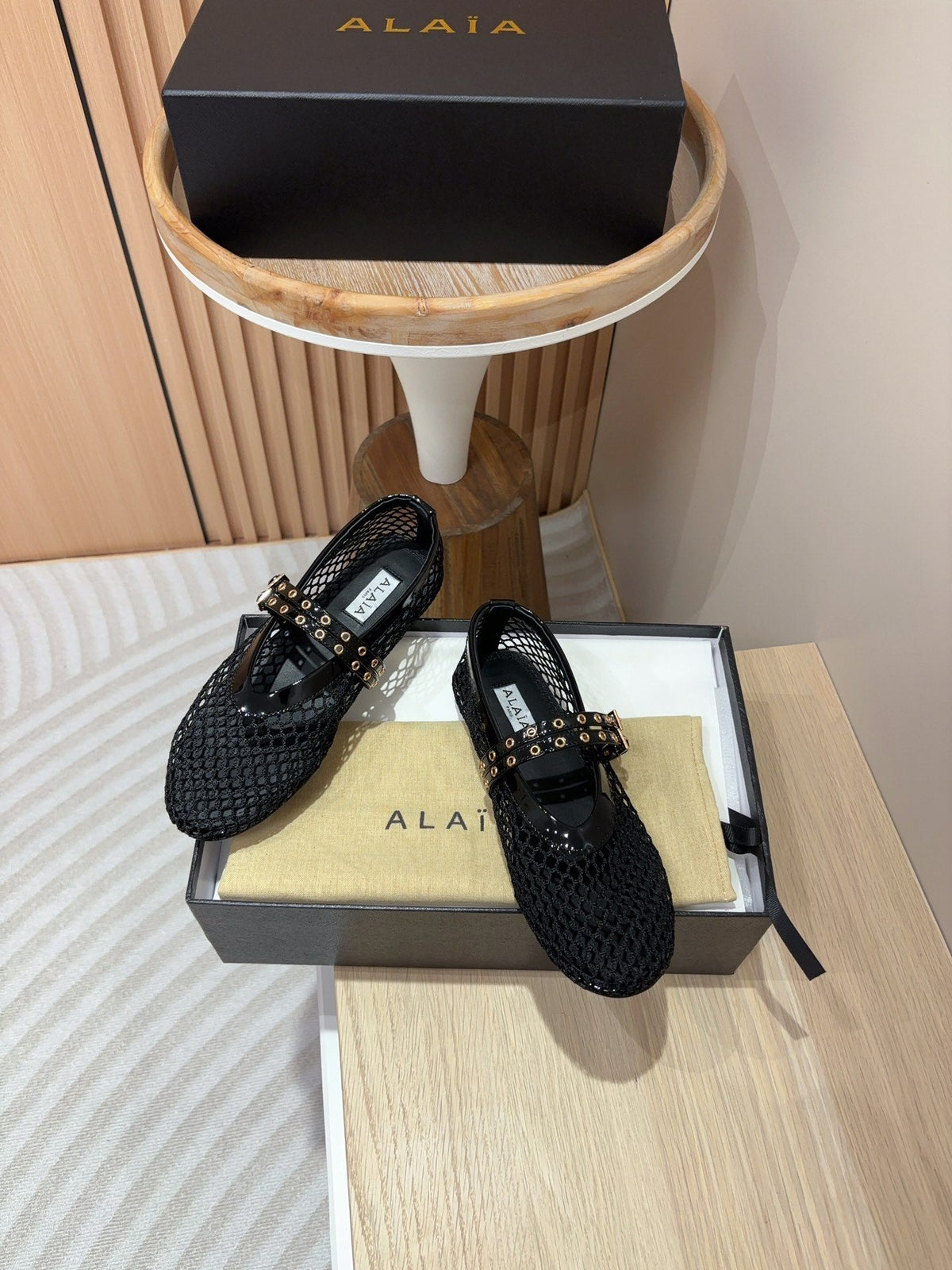 alaia ballet flat fishnet black lambskin double strap