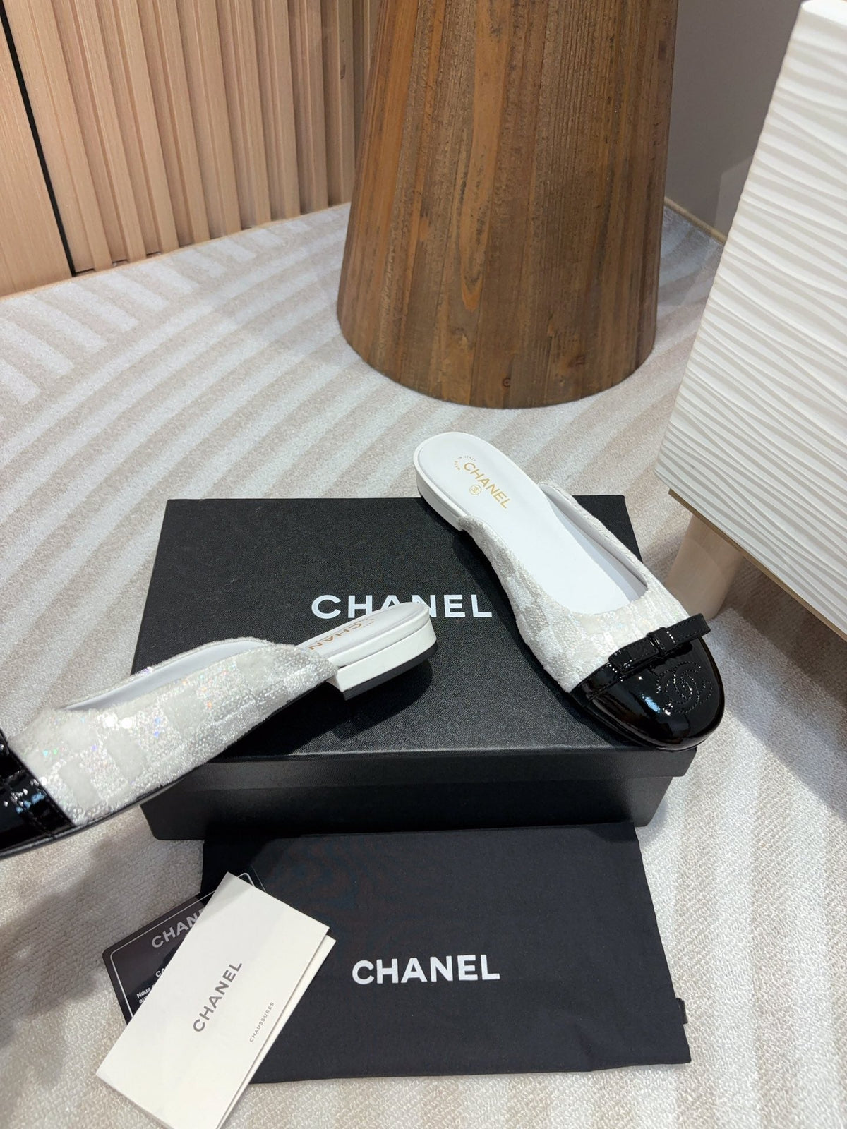 cc mule white tweed sequin black patent calfskin