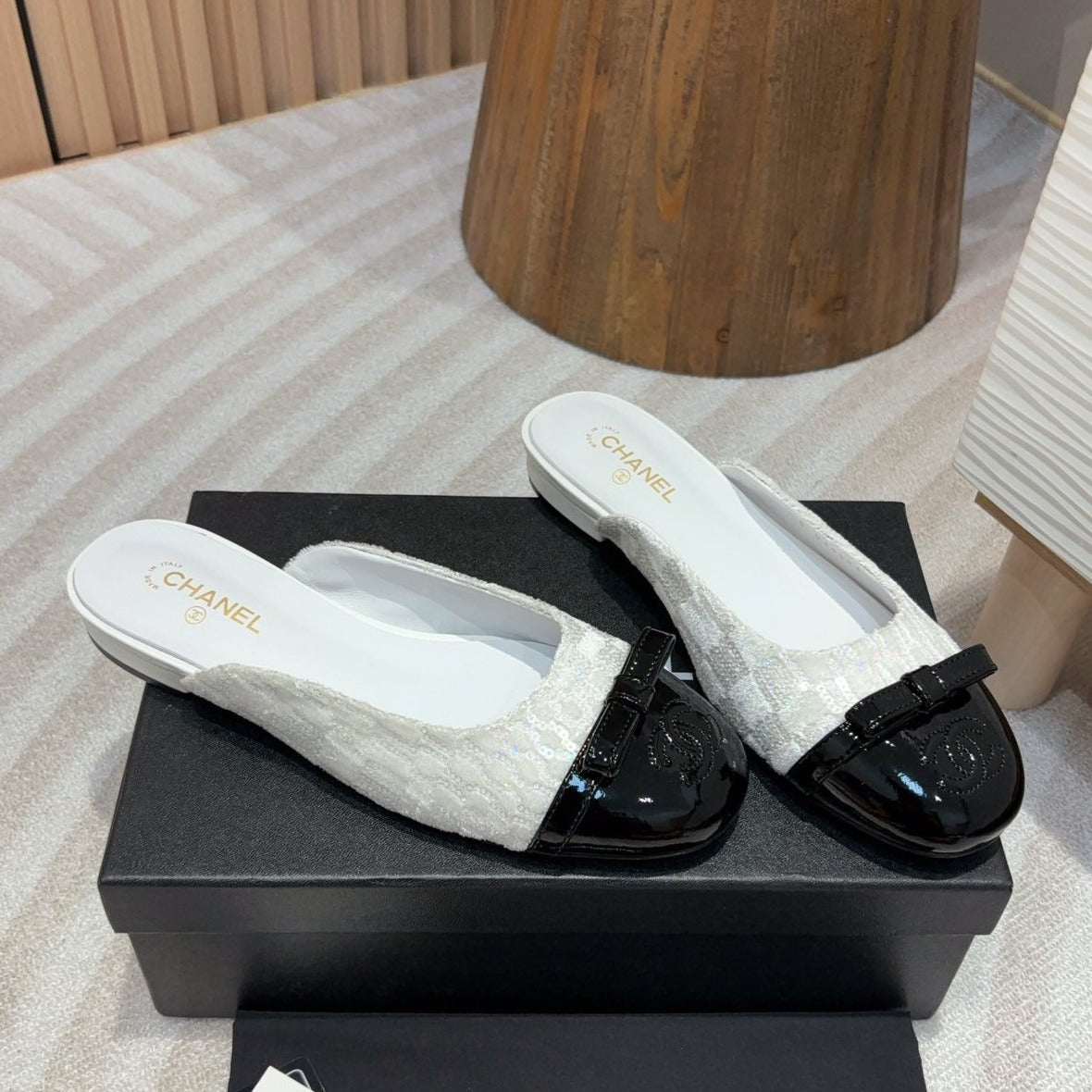 cc mule white tweed sequin black patent calfskin