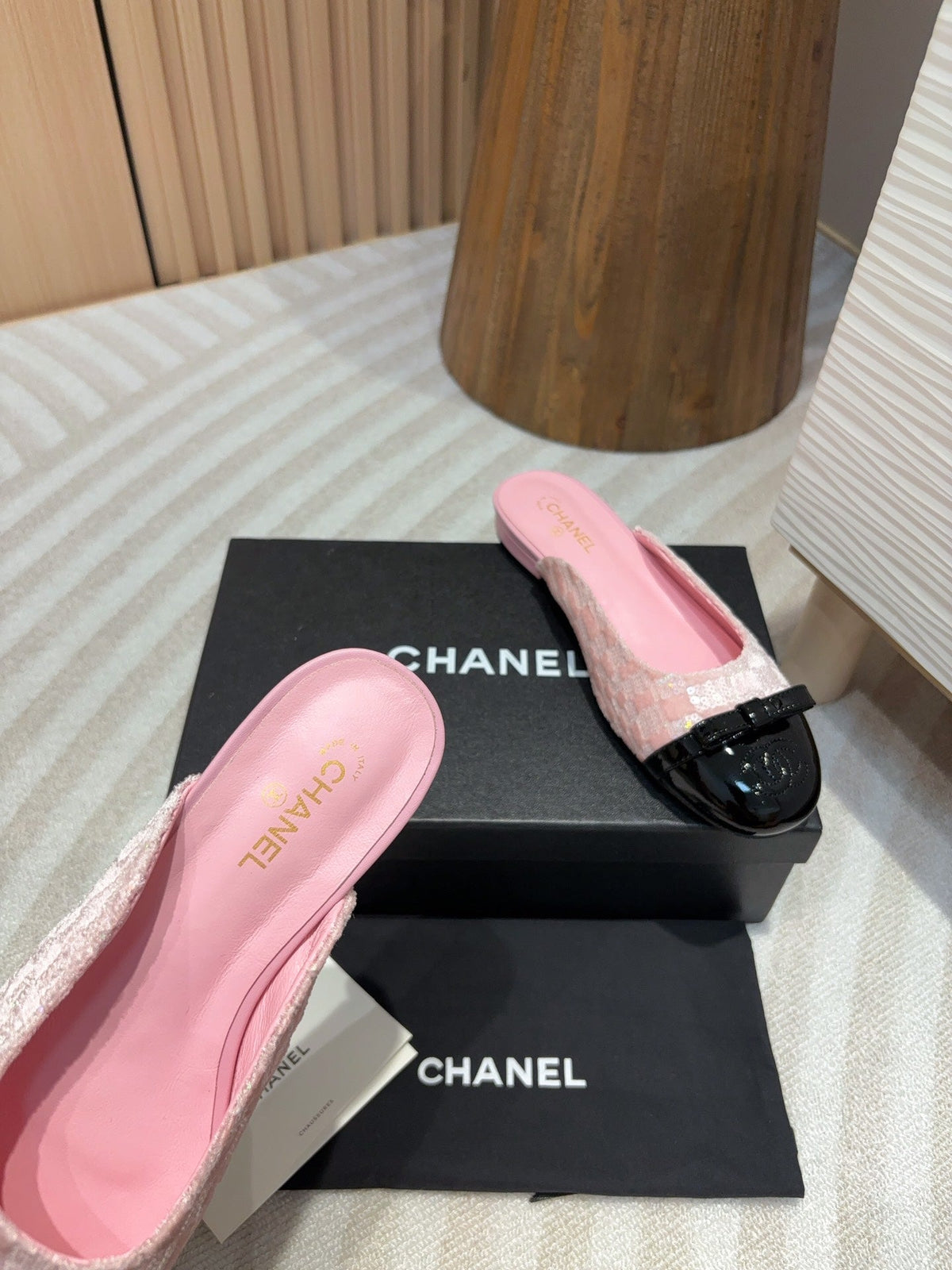 cc mule pink tweed sequin black patent calfskin