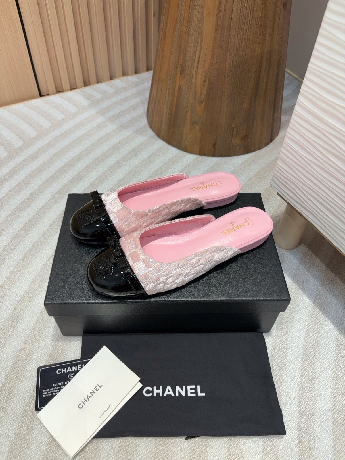 cc mule pink tweed sequin black patent calfskin