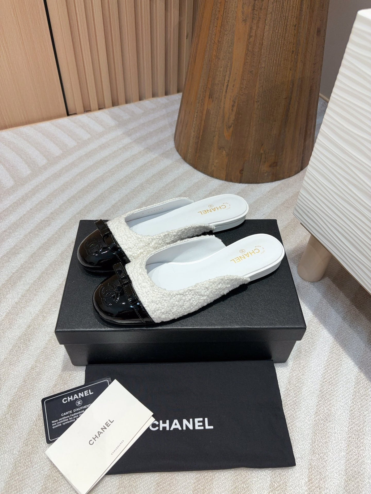 cc mule white tweed black patent calfskin
