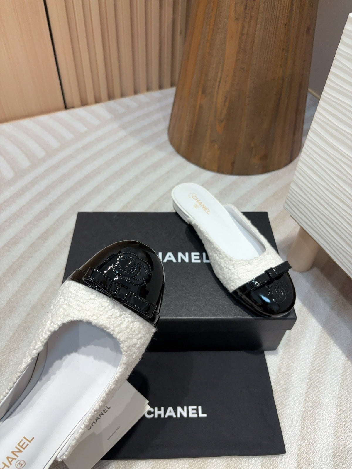 cc mule white tweed black patent calfskin